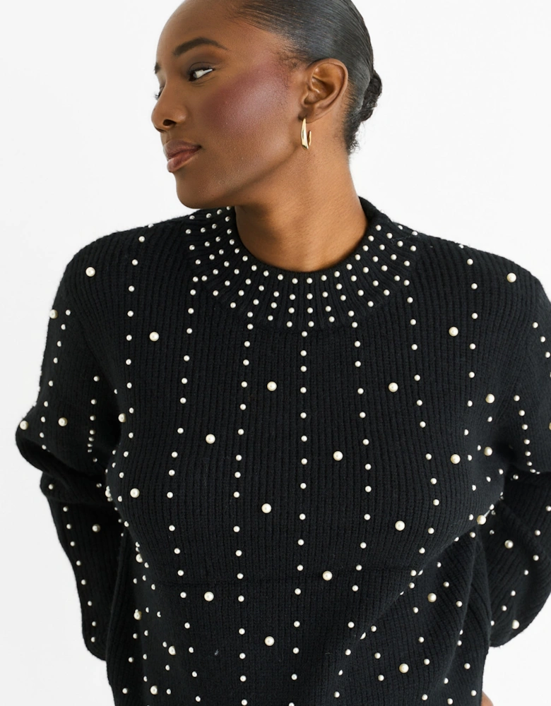 Black Pearl Studded High Neck Knit Jumper