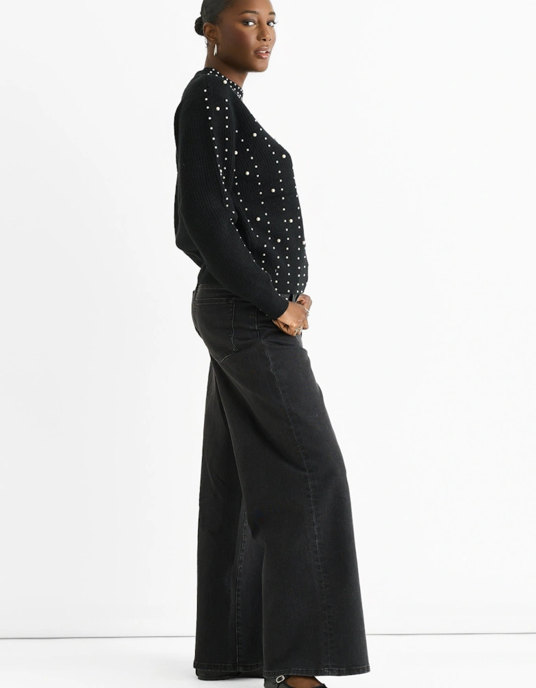 Black Pearl Studded High Neck Knit Jumper