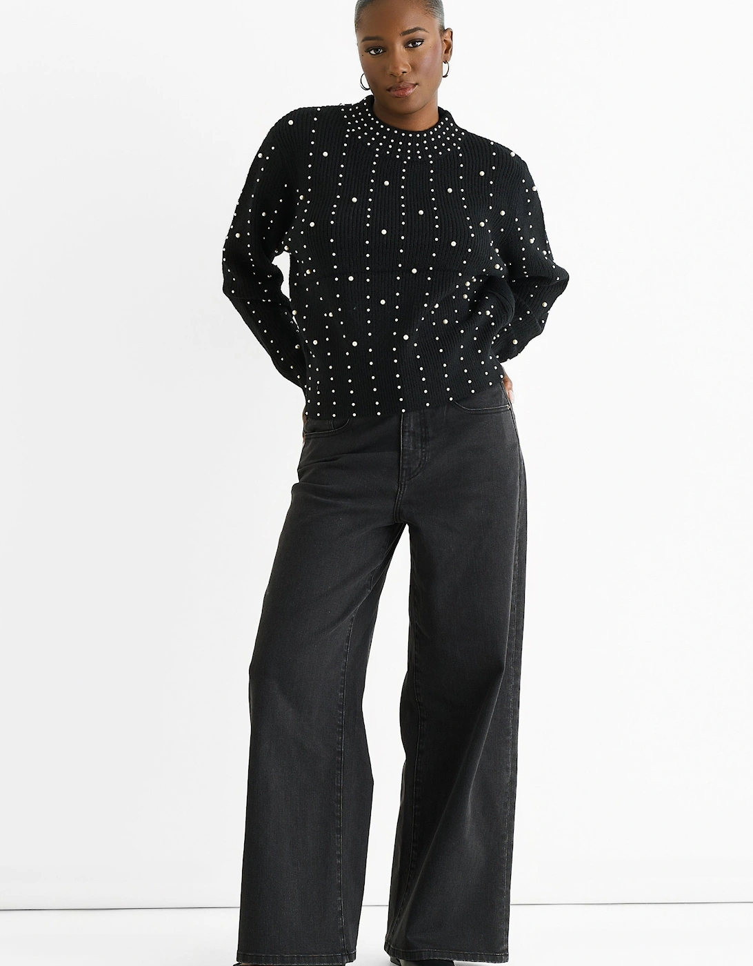 Black Pearl Studded High Neck Knit Jumper, 5 of 4