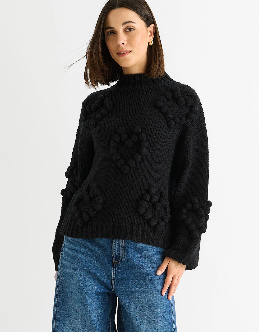 Gini London Women's Black Heart Bubble Chunky Knit High Neck Jumper - Size 8/10