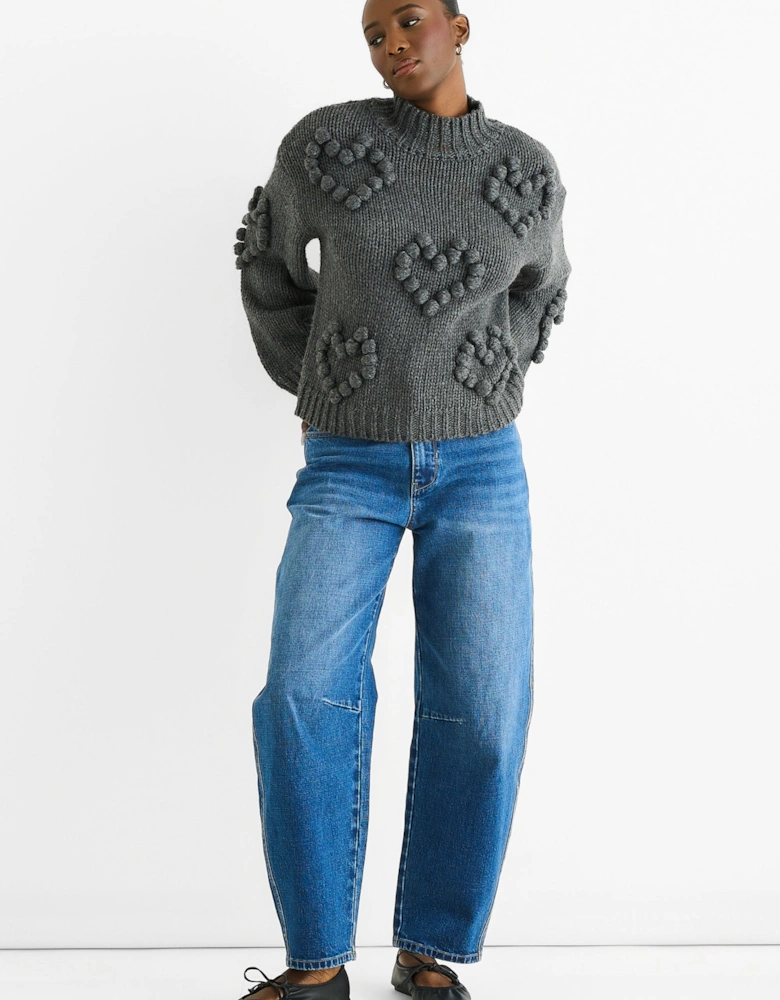 Dark Grey Heart Bubble Chunky Knit High Neck Jumper