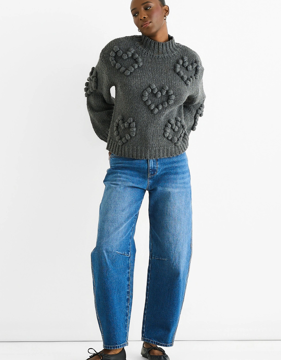 Gini London Women's Dark Grey Heart Bubble Chunky Knit High Neck Jumper - Size: M-L uk 12-14/us 8-10/eu 40-42