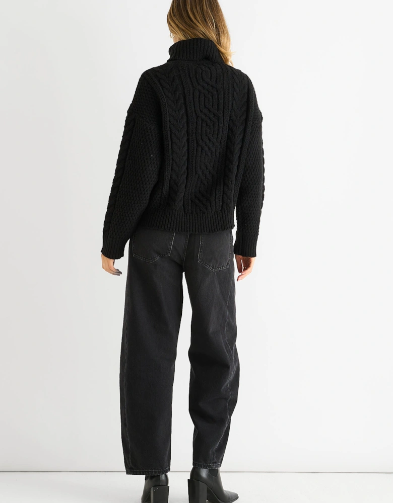 Black Cable Knit High Neck Knit Jumper