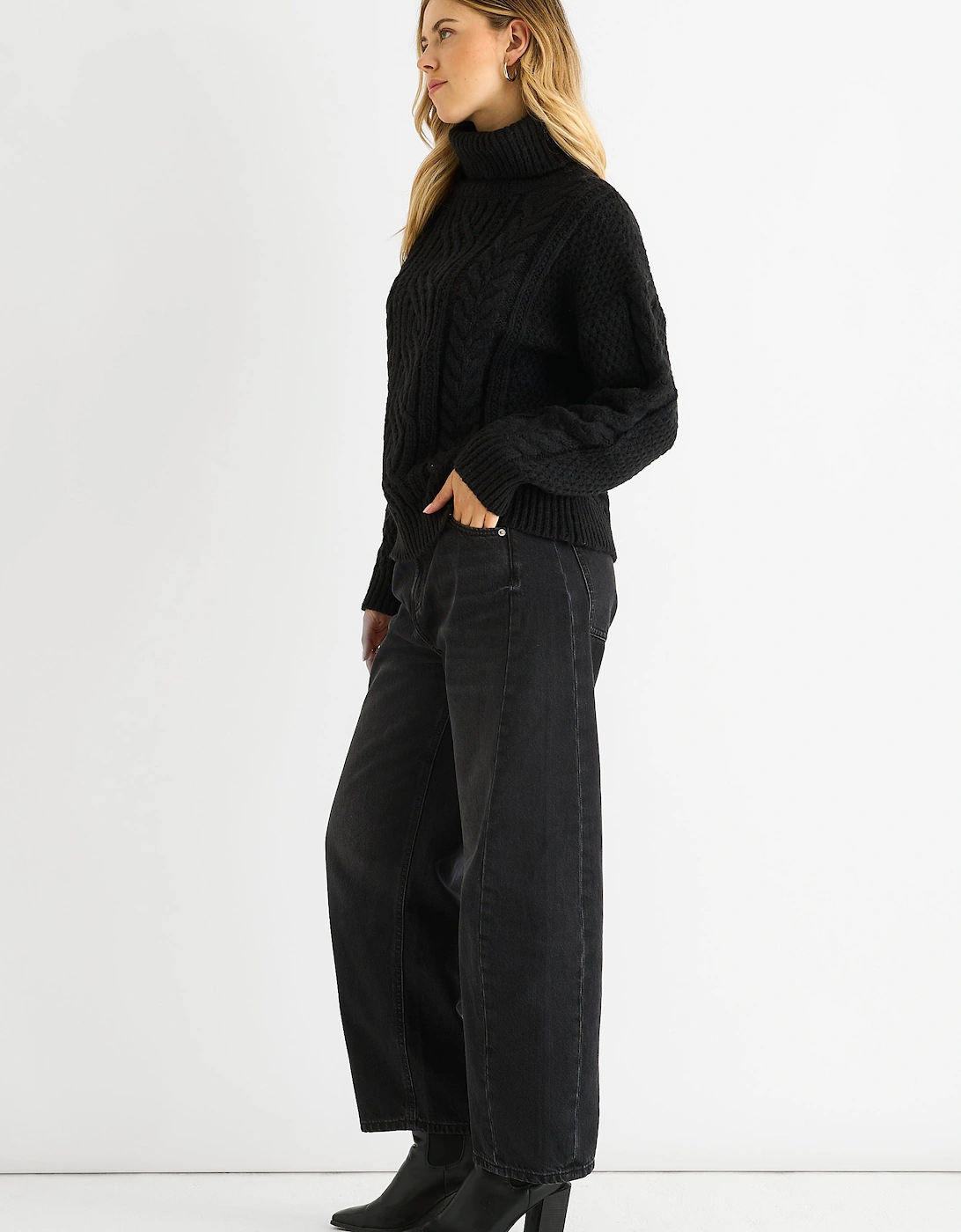 Black Cable Knit High Neck Knit Jumper