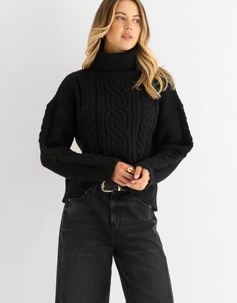 Black Cable Knit High Neck Knit Jumper