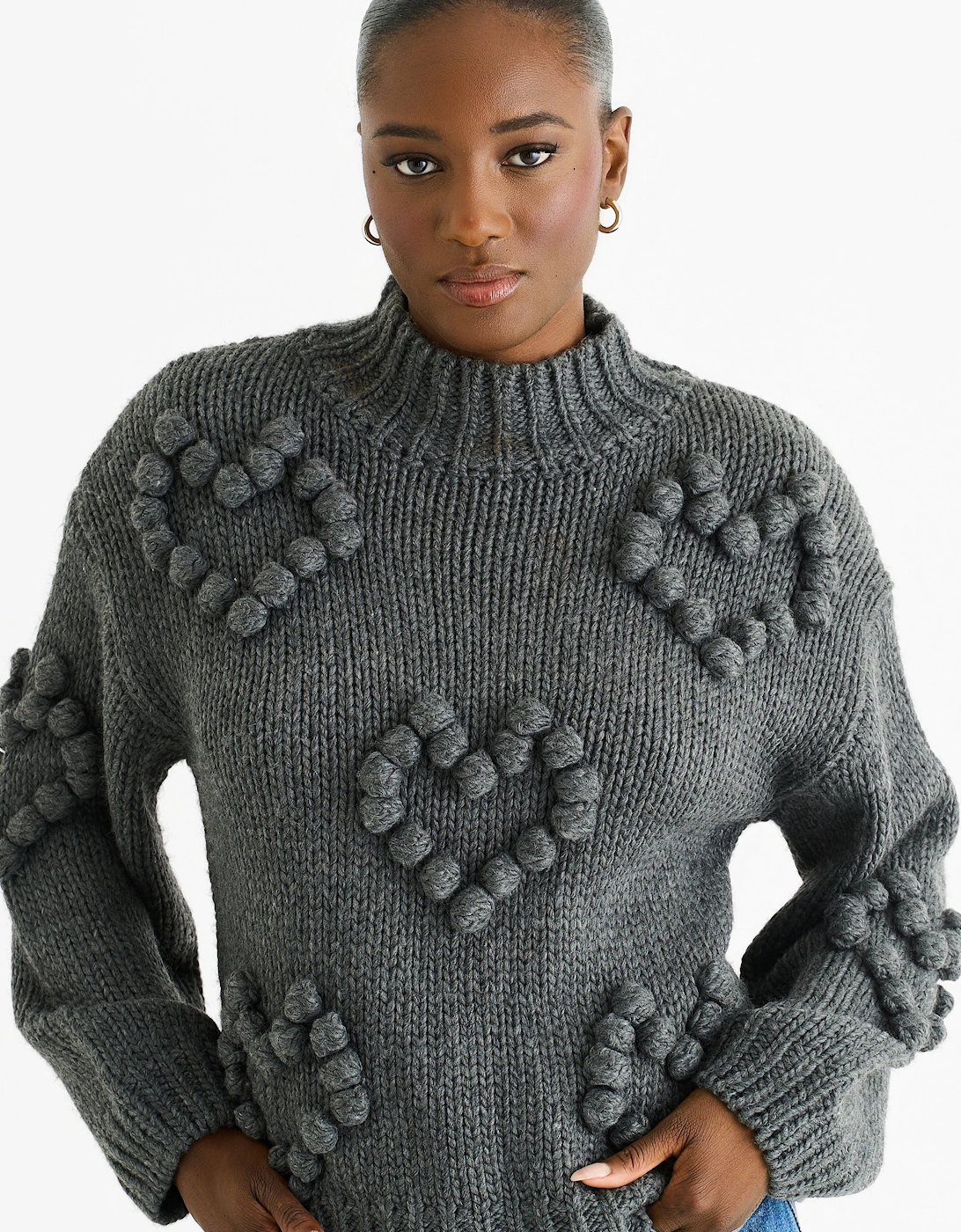 Gini London Women's Dark Grey Heart Bubble Chunky Knit High Neck Jumper - Size: M-L uk 12-14/us 8-10/eu 40-42