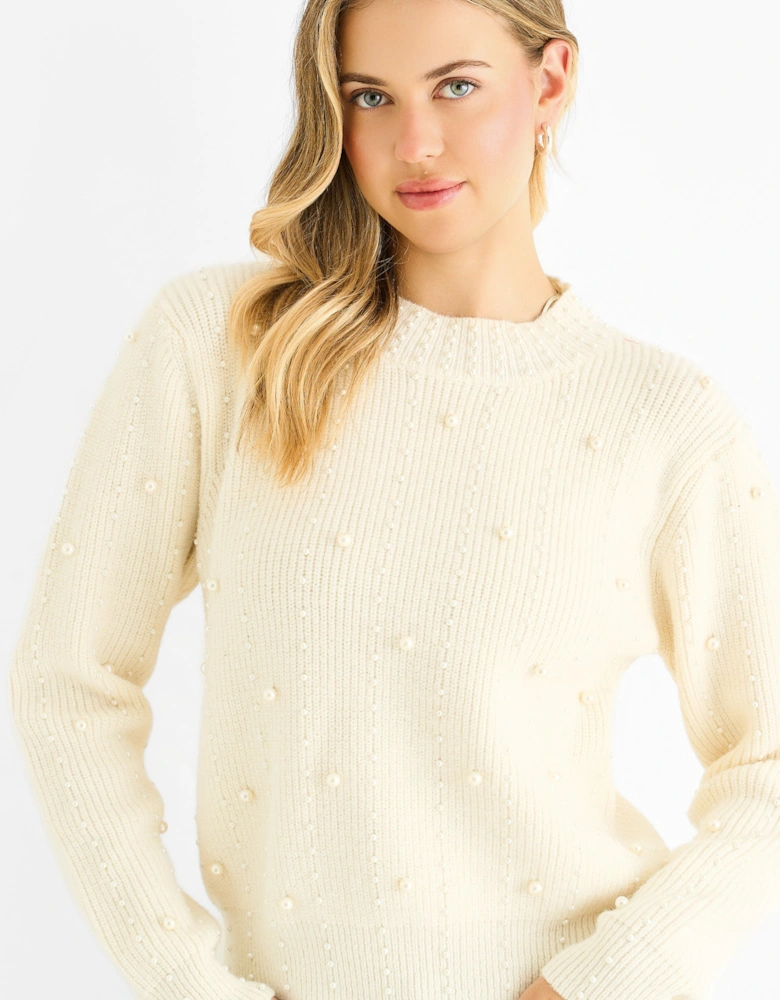 Cream Pearl Studded High Neck Knit Jumper