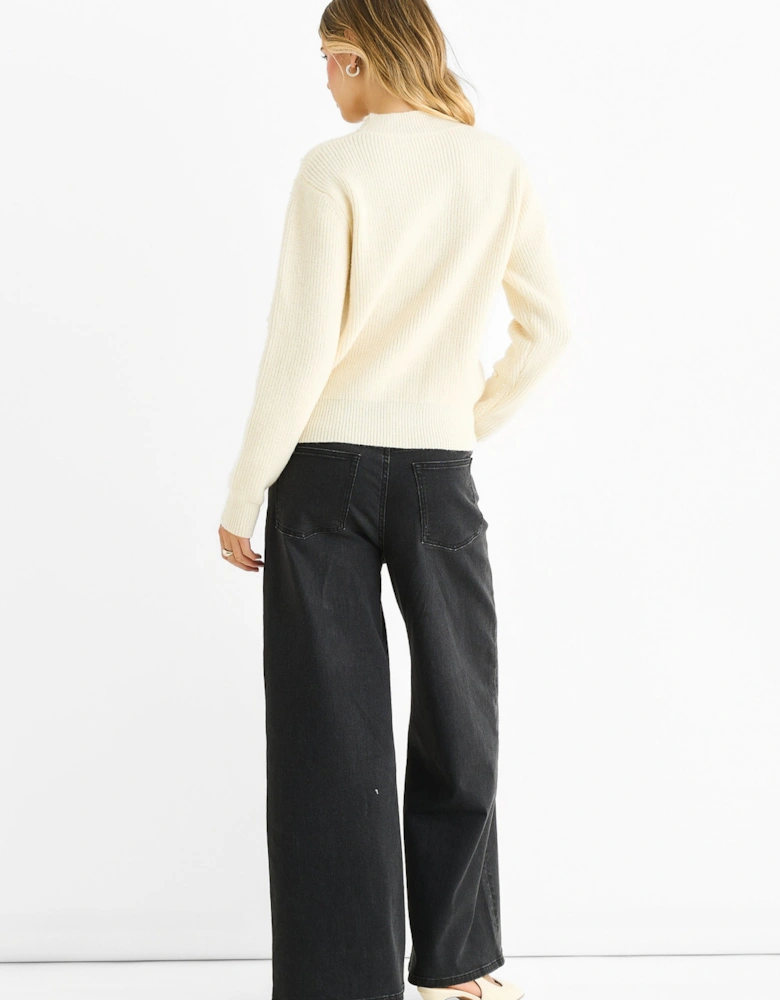 Cream Pearl Studded High Neck Knit Jumper
