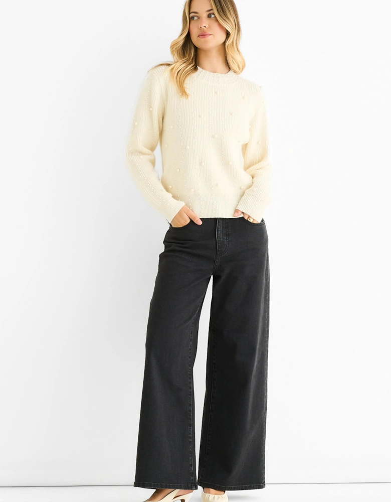 Cream Pearl Studded High Neck Knit Jumper
