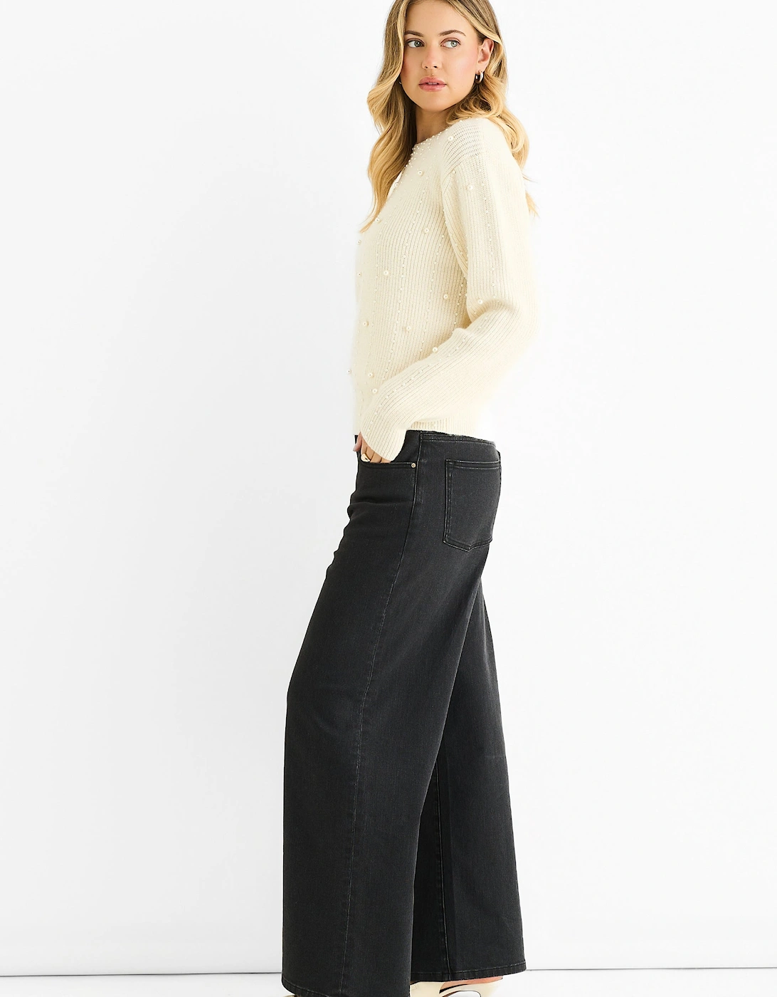 Cream Pearl Studded High Neck Knit Jumper