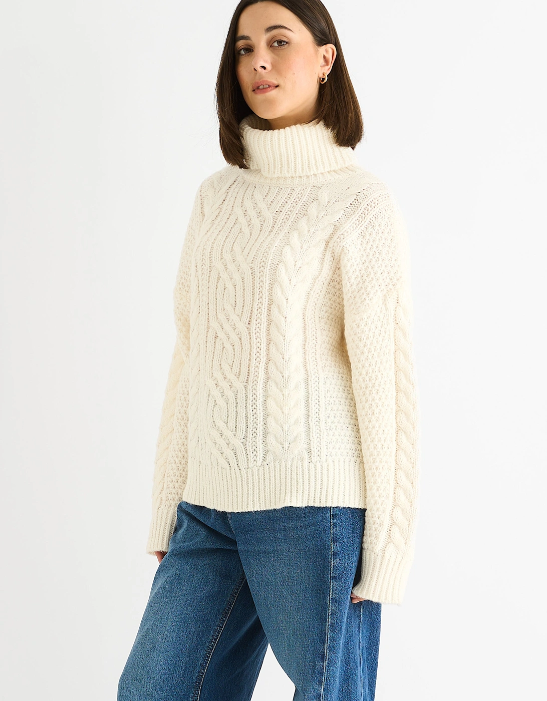Cream Cable Knit High Neck Knit Jumper