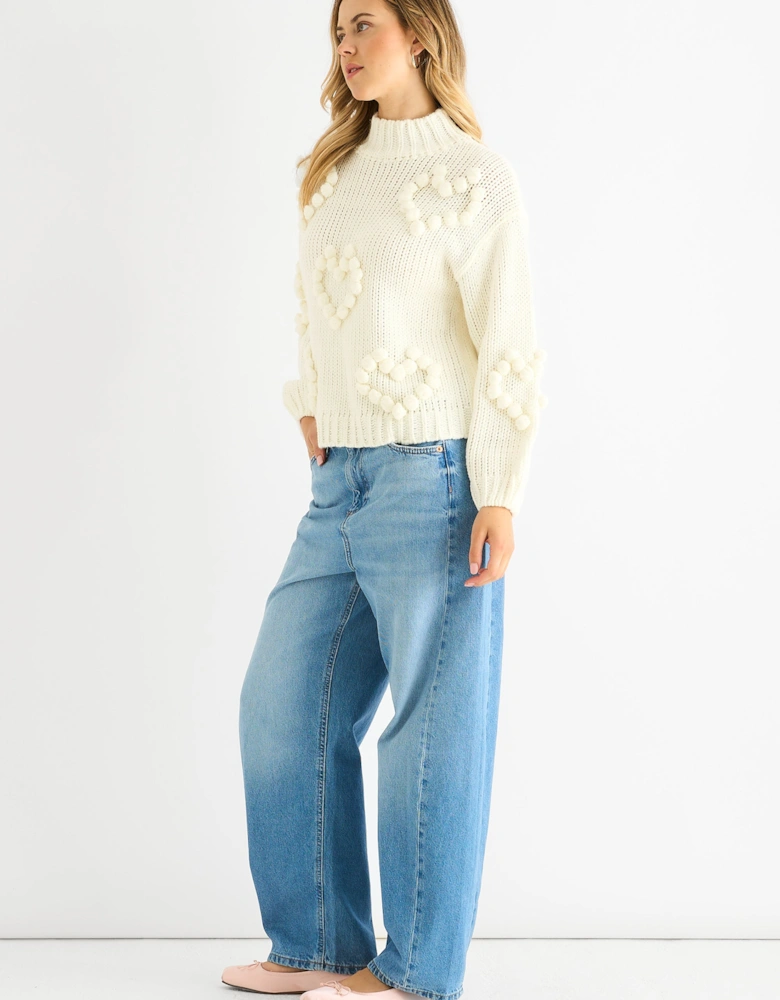 Cream Heart Bubble Chunky Knit High Neck Jumper