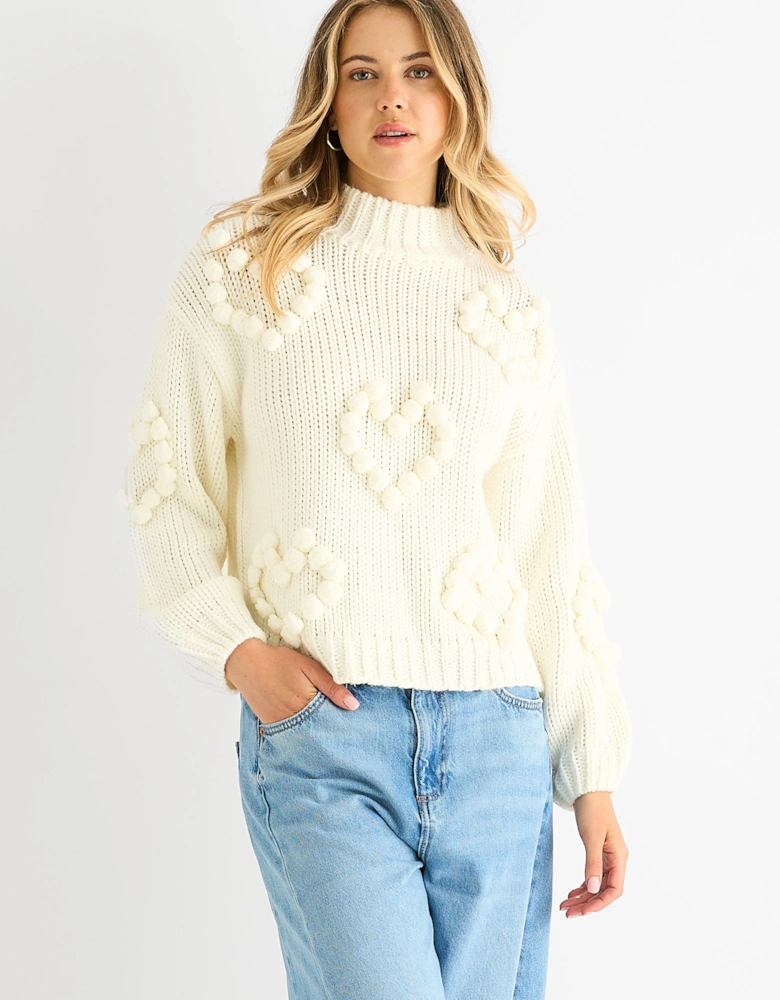 Cream Heart Bubble Chunky Knit High Neck Jumper