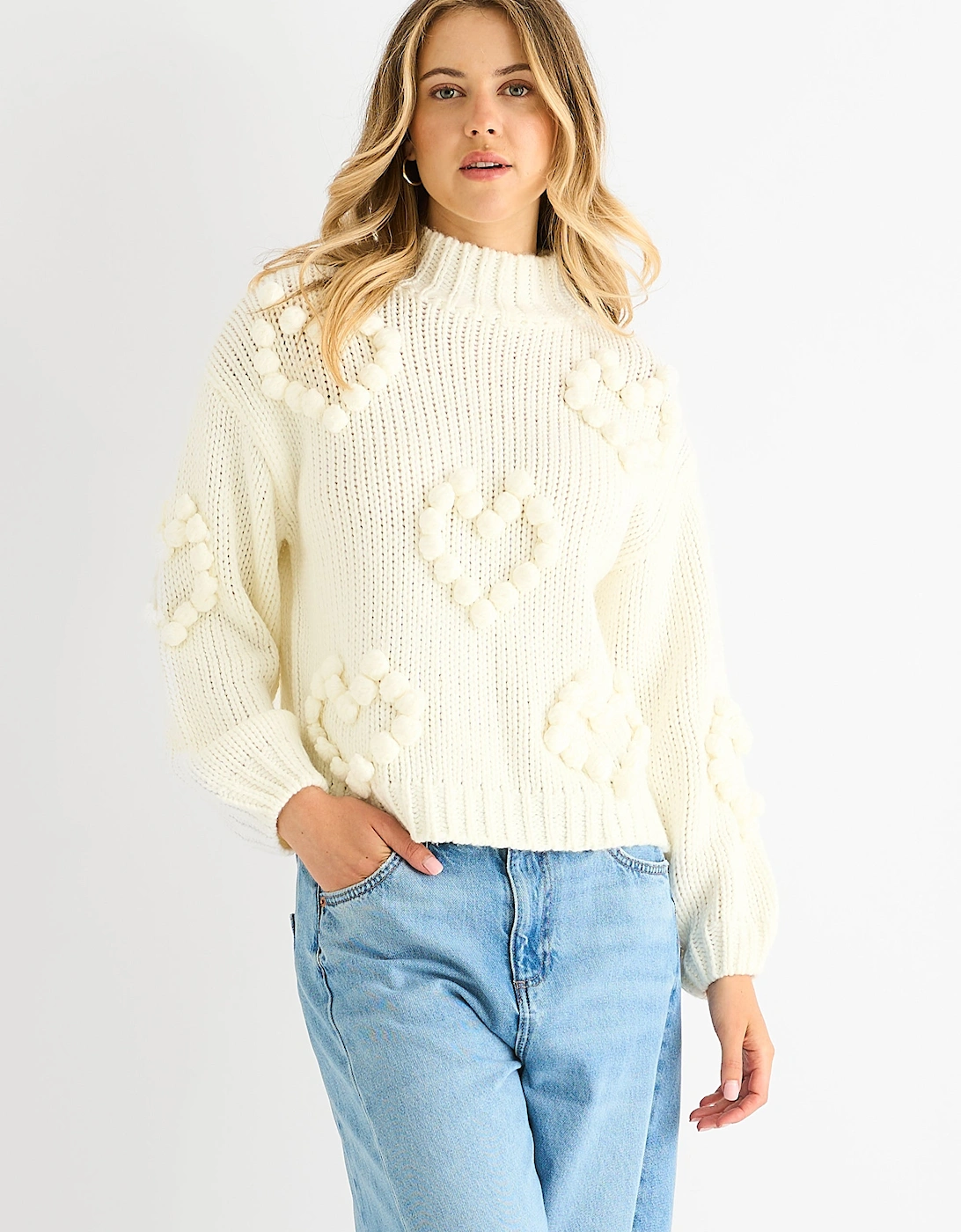 Gini London Women's Cream Heart Bubble Chunky Knit High Neck Jumper - Size 10/12