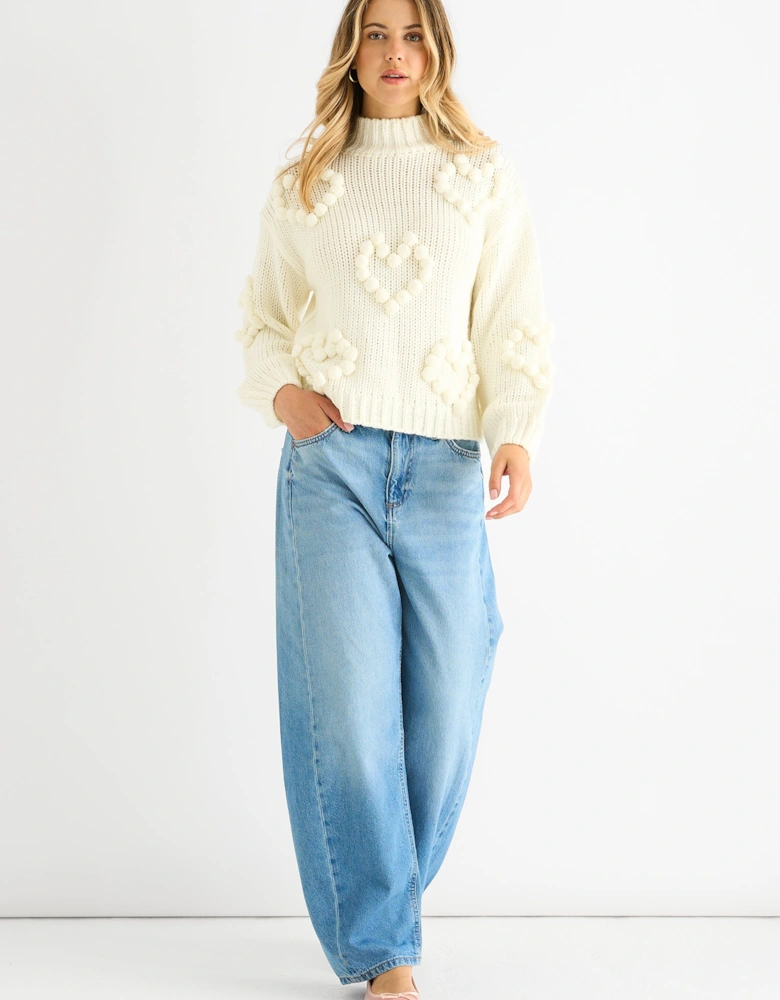 Cream Heart Bubble Chunky Knit High Neck Jumper