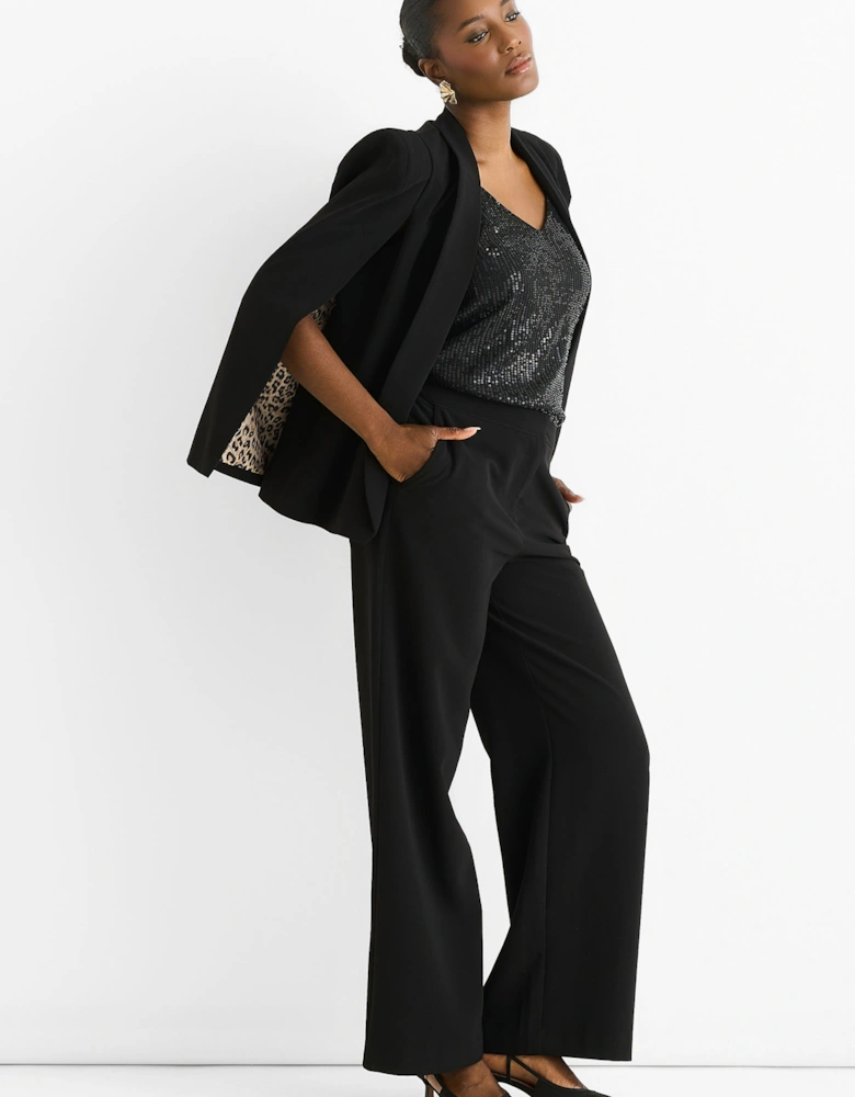 Black Contrast Animal Lining Tailoring Cape Blazer
