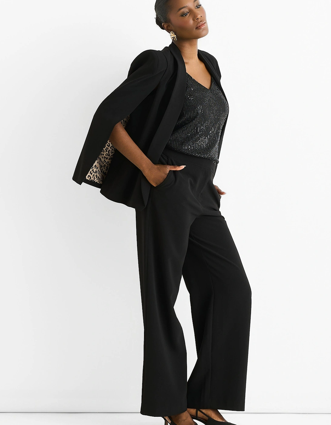 Black Contrast Animal Lining Tailoring Cape Blazer