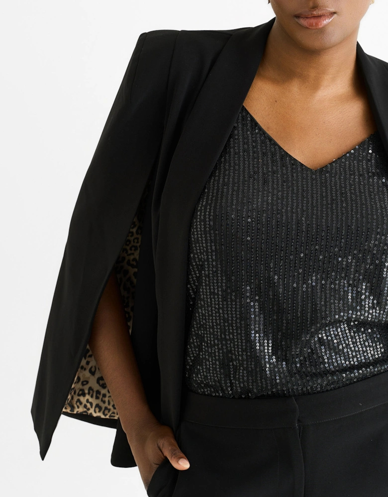 Black Contrast Animal Lining Tailoring Cape Blazer
