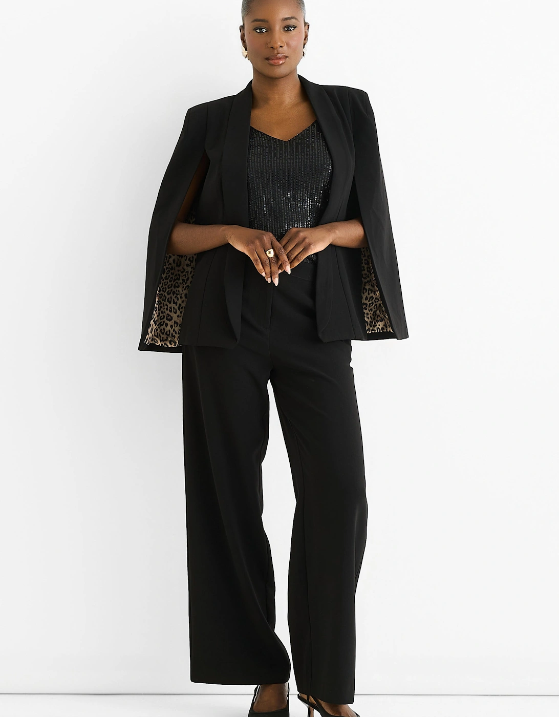 Black Contrast Animal Lining Tailoring Cape Blazer, 5 of 4