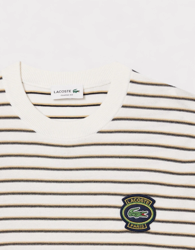 Striped Cotton Badge Crew Neck Sweater White