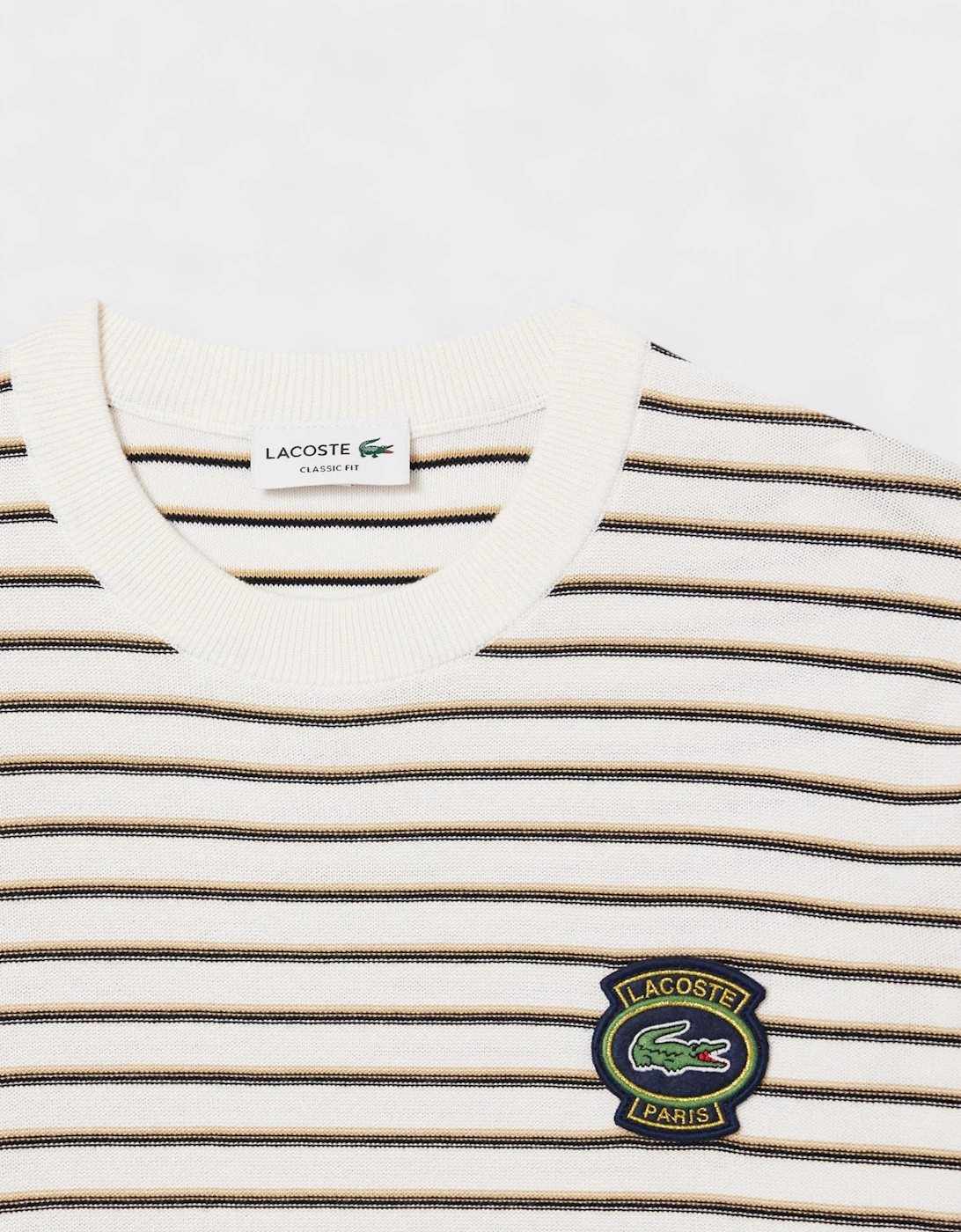 Striped Cotton Badge Crew Neck Sweater White