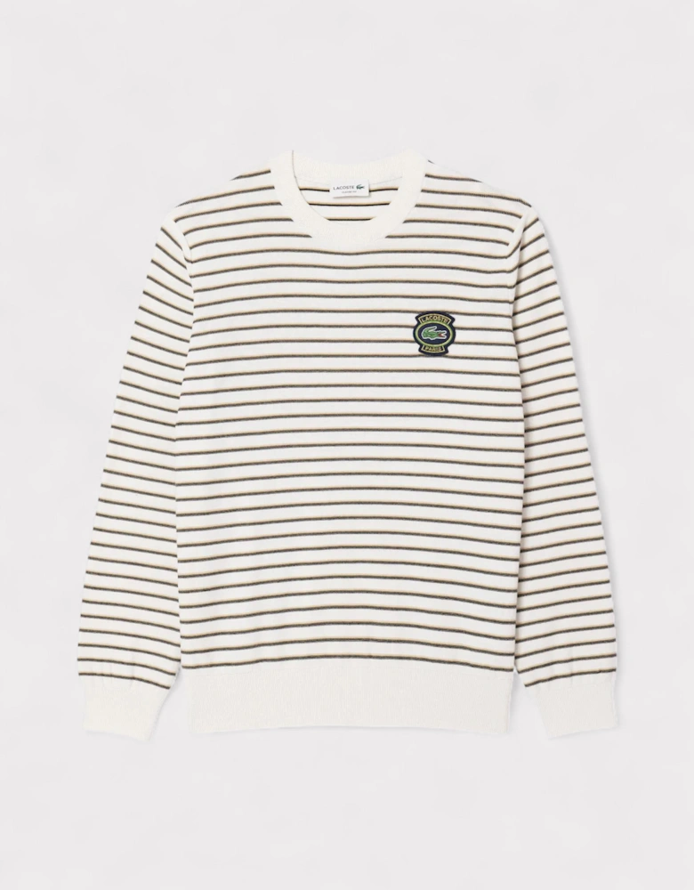 Striped Cotton Badge Crew Neck Sweater White