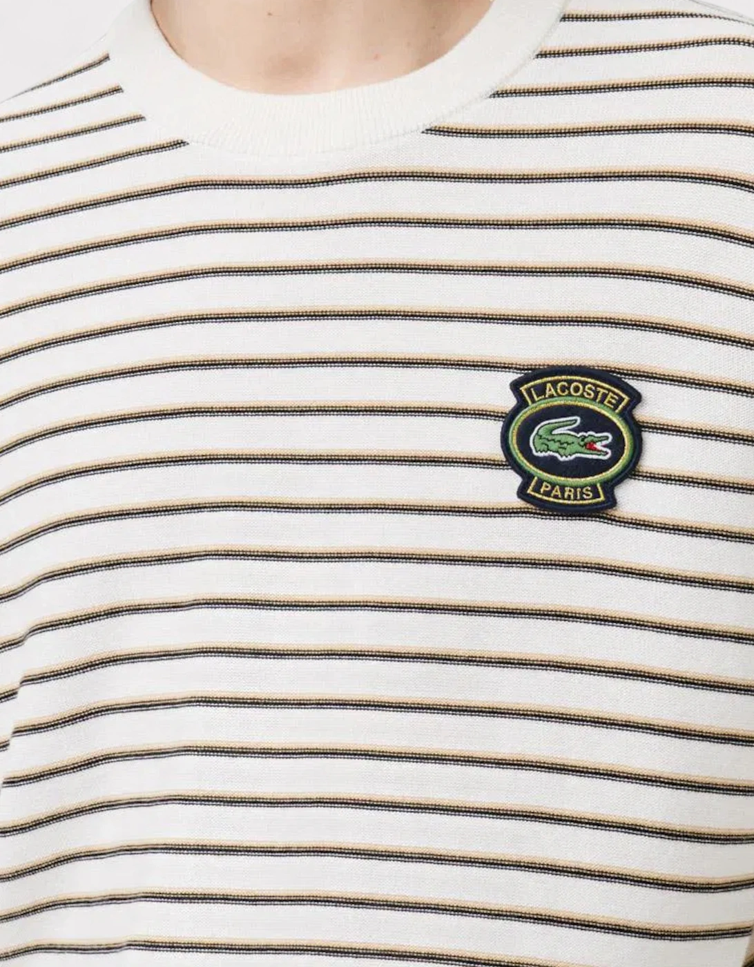 Striped Cotton Badge Crew Neck Sweater White