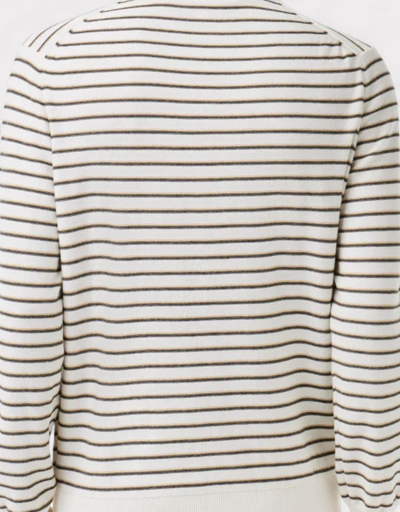 Striped Cotton Badge Crew Neck Sweater White