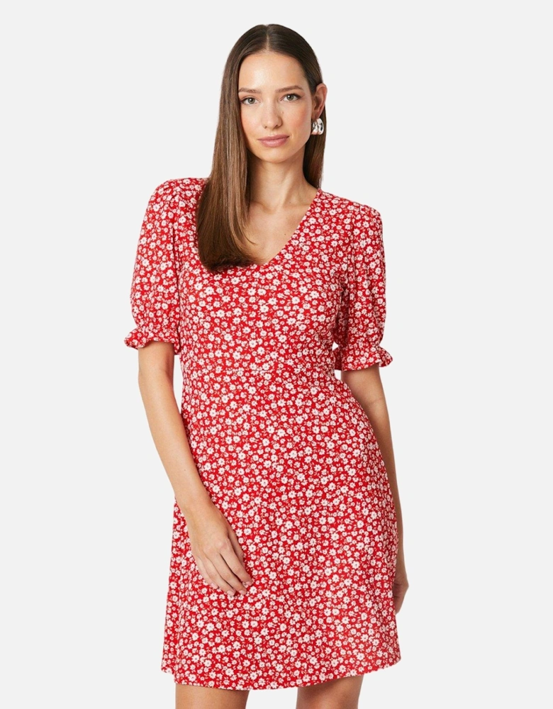 Womens/Ladies Ditsy Print V Neck Short-Sleeved Mini Dress