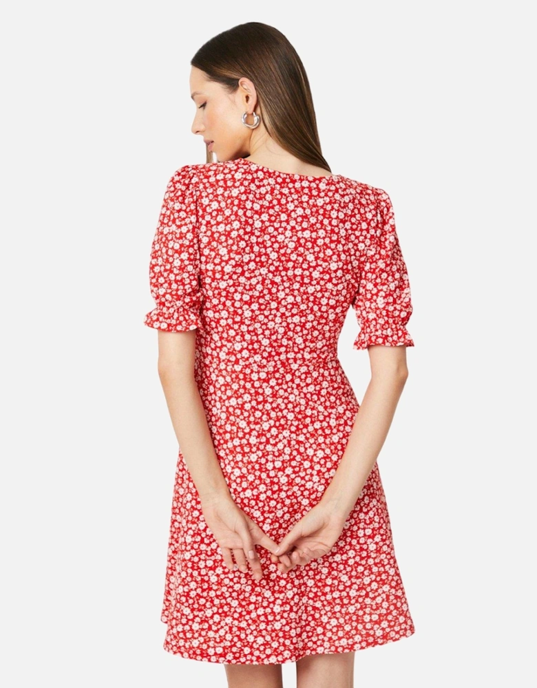Womens/Ladies Ditsy Print V Neck Short-Sleeved Mini Dress