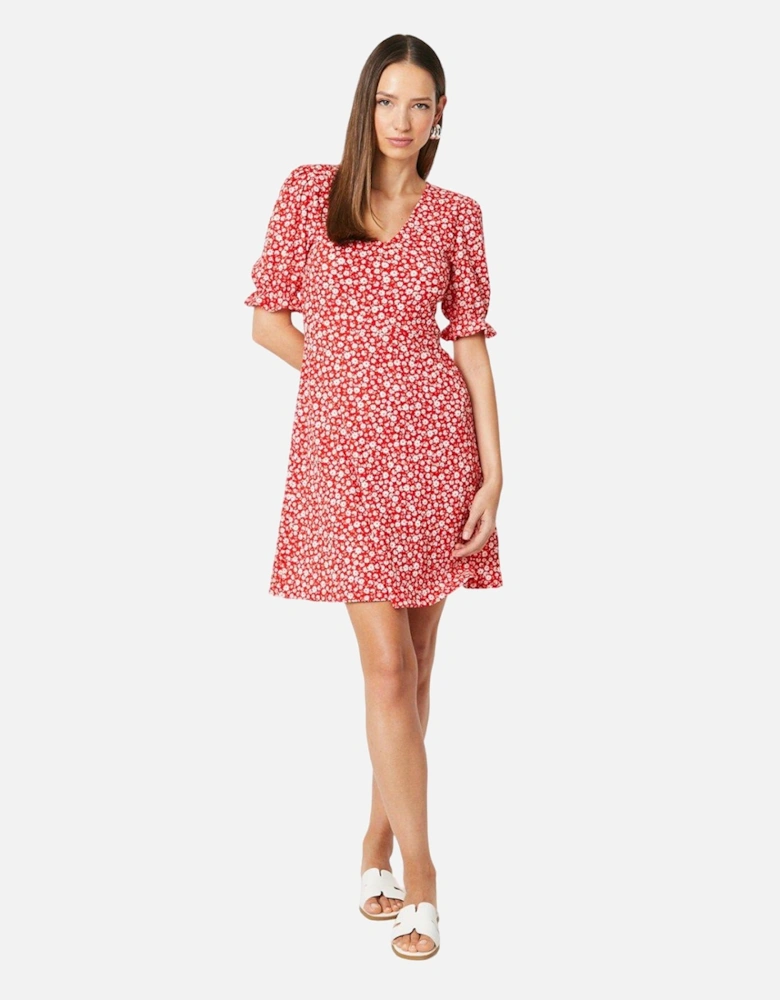 Womens/Ladies Ditsy Print V Neck Short-Sleeved Mini Dress