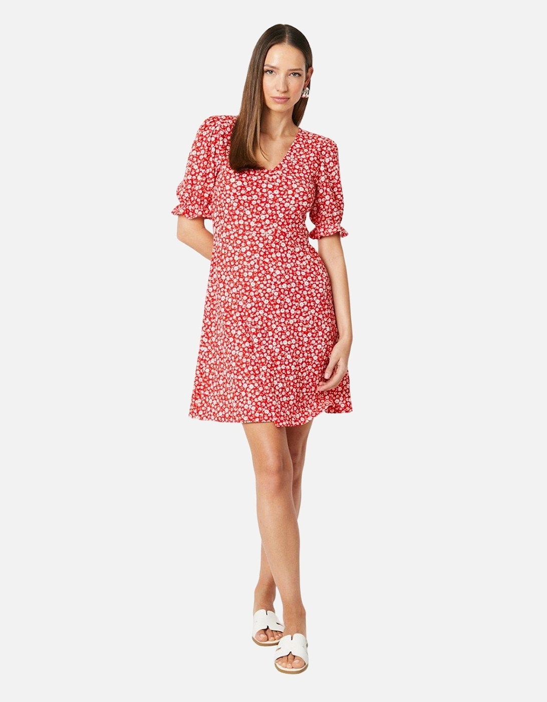 Womens/Ladies Ditsy Print V Neck Short-Sleeved Mini Dress