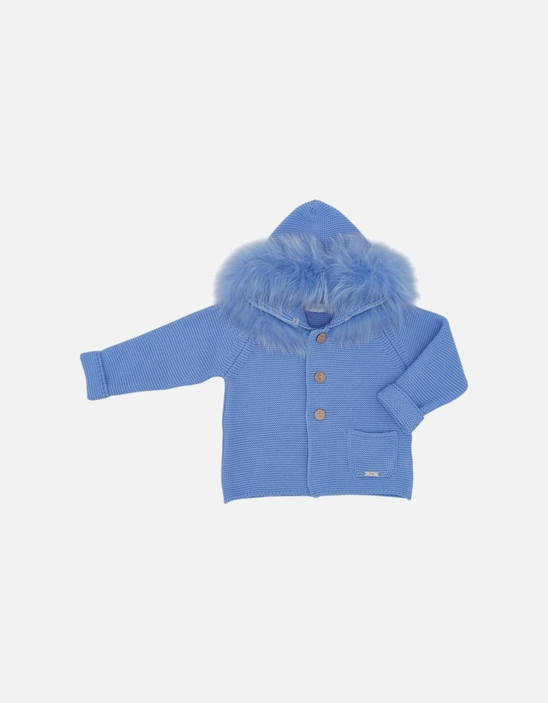 Boys Blue Knit Fur Trim Cardigan