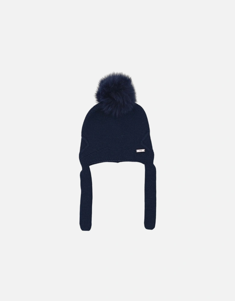 Boys Navy Knit Fur Tie Hat