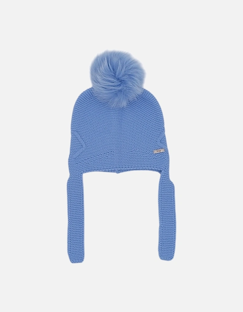 Boys Blue Knit Fur Tie Hat
