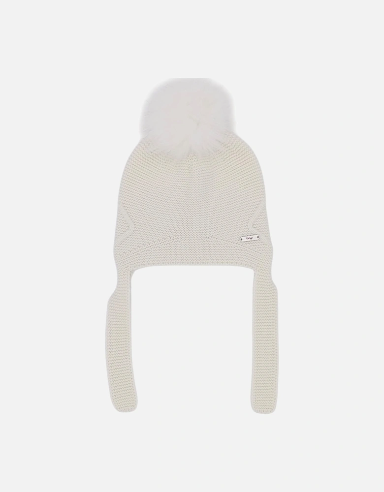 Cream Knit Fur Tie Hat
