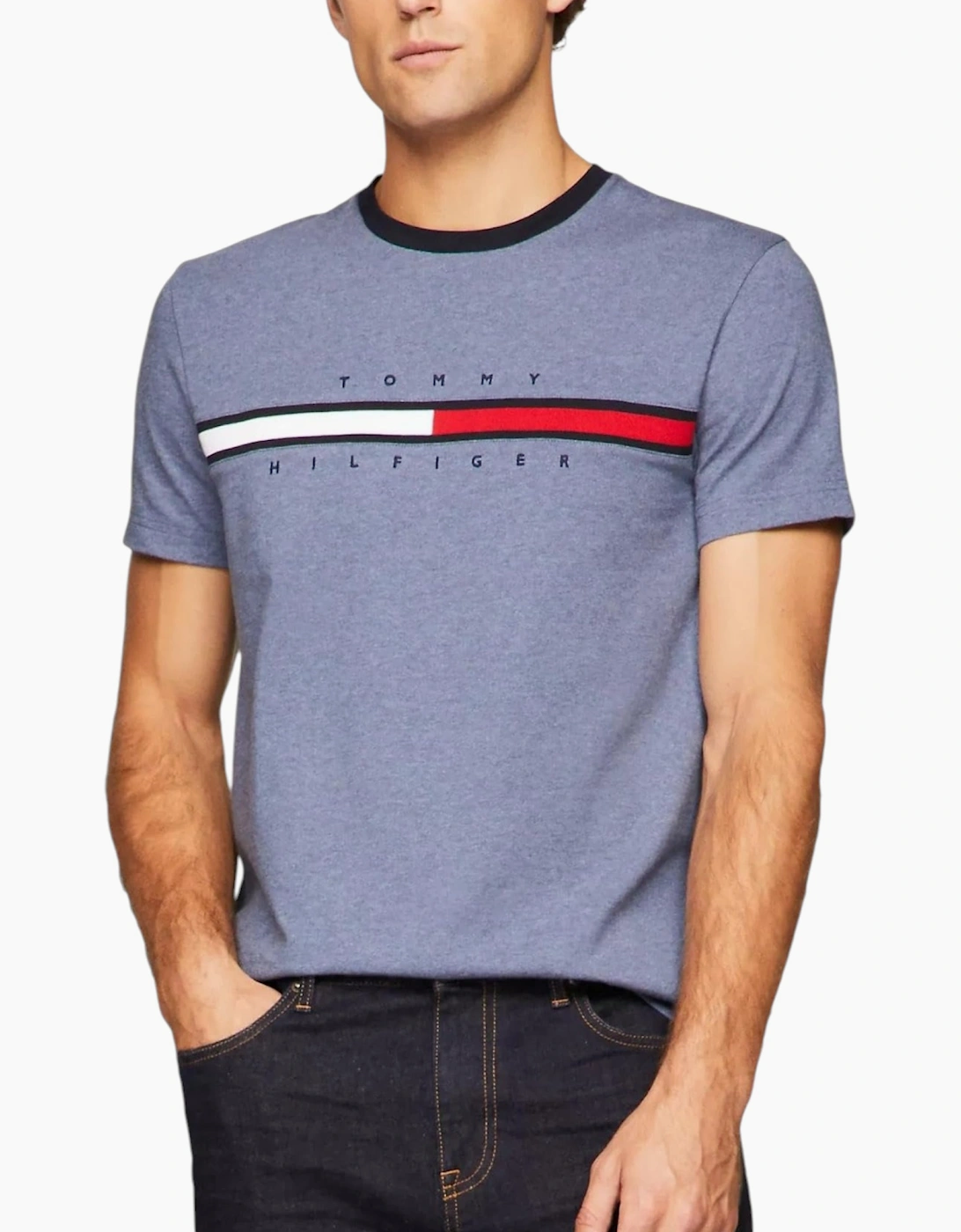 Tommy Hilfiger Men's Grey T Shirts Crew Neck Signature Stripe Summer Cotton Tino Tee  42 Xl