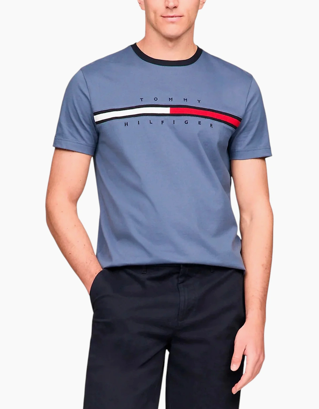 Tommy Hilfiger Men's Blue T Shirts Crew Neck Signature Stripe Summer Cotton Tino Tee  38 M