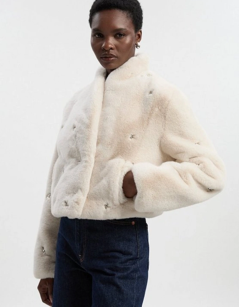 Crystal Embellished Faux Fur Short Coat