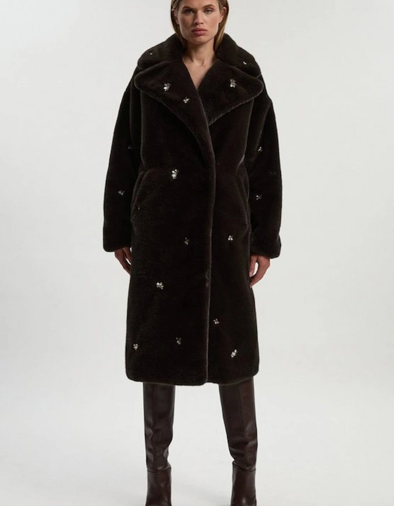 Crystal Embellished Faux Fur Long Coat