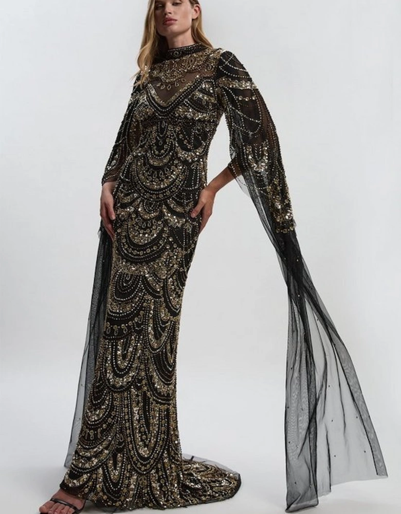 Premium Beaded Embellished Woven Midaxi Cape Dress