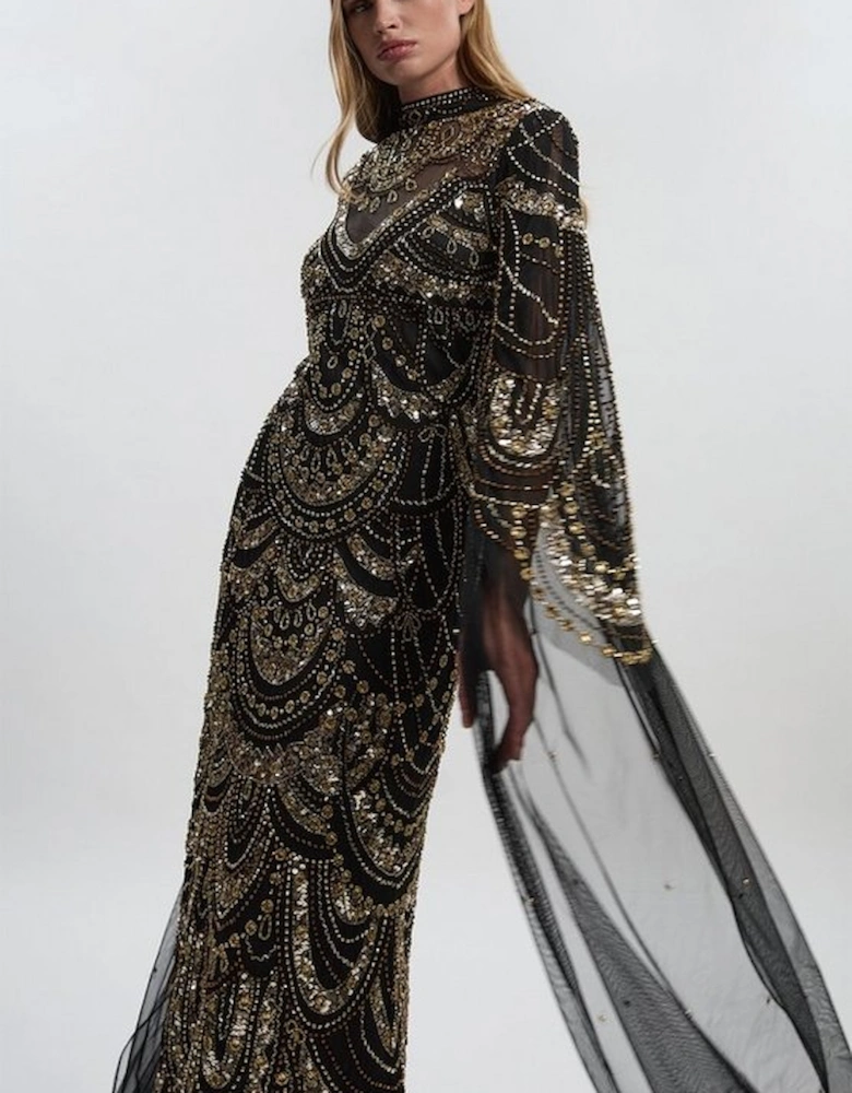 Premium Beaded Embellished Woven Midaxi Cape Dress