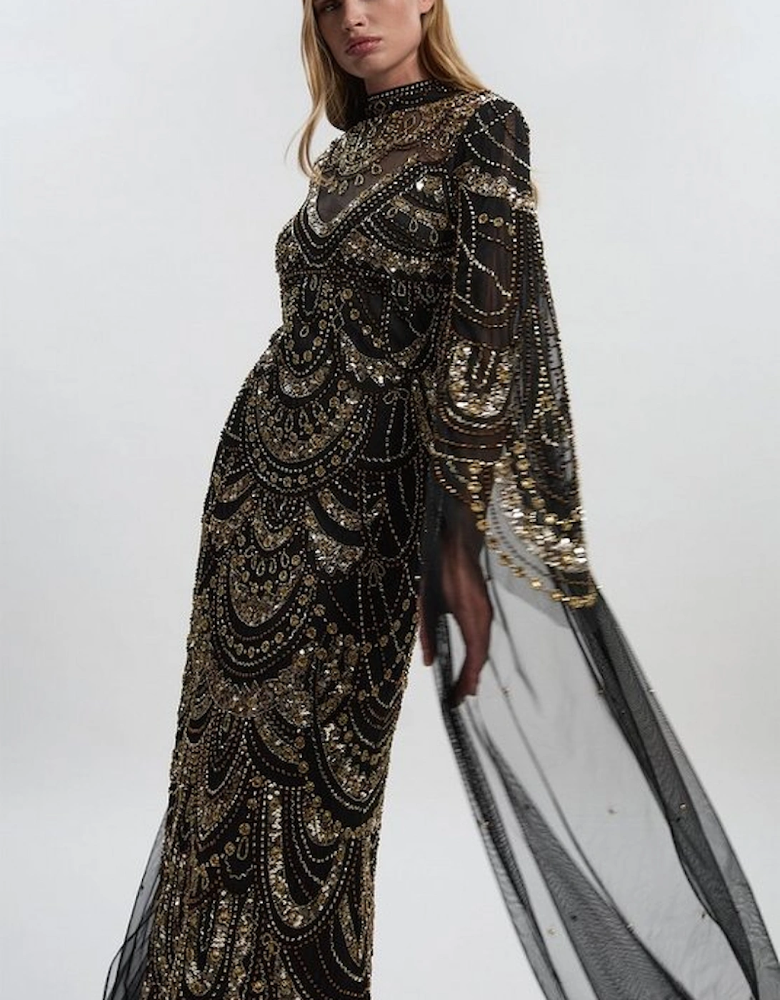 Premium Beaded Embellished Woven Midaxi Cape Dress