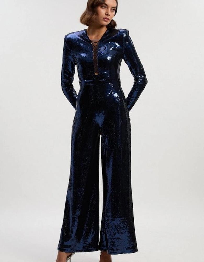Sequin Power Mesh Lace Up Detail Long Sleeve Jumpsuit