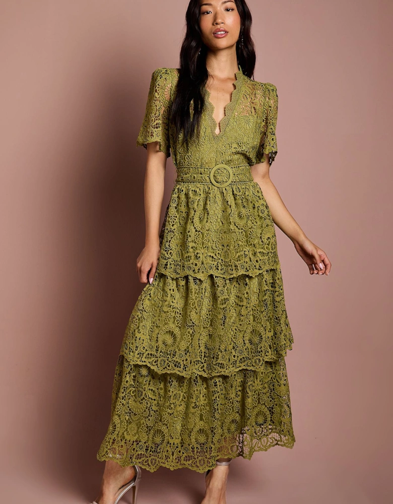 Short Sleeve V Neck Tiered Lace Midi Dress