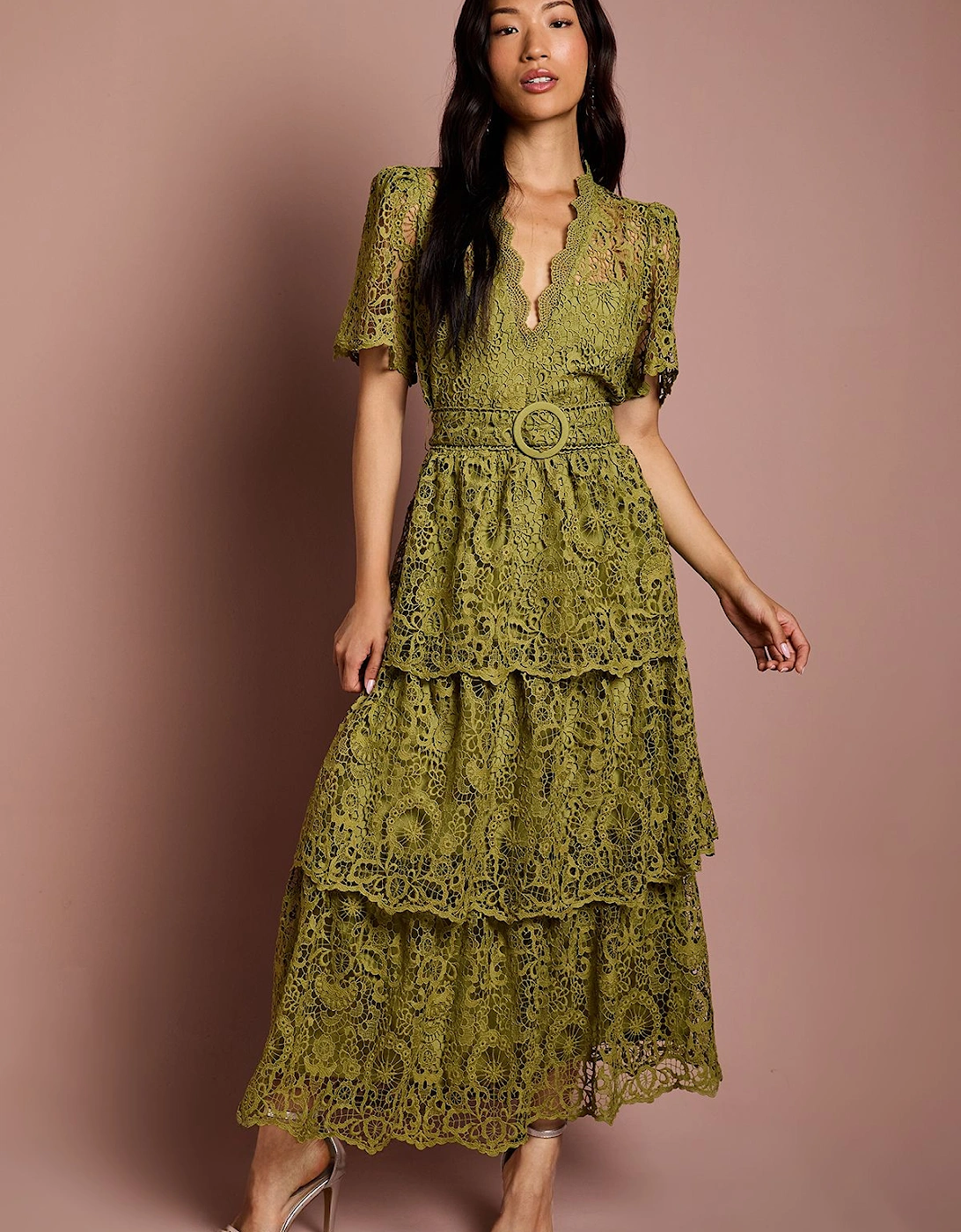 Short Sleeve V Neck Tiered Lace Midi Dress, 2 of 1