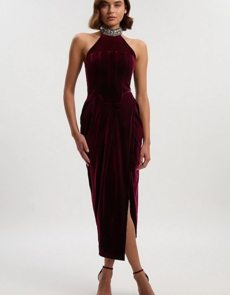 Tailored Velvet Halter Embellished Neck Midi Dress