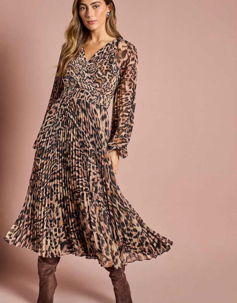 Long Sleeve Chiffon Pleated Wrap Midi Dress