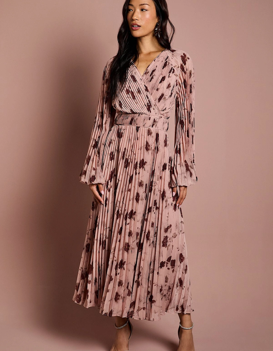 Long Sleeve Chiffon Pleated Wrap Midi Dress, 2 of 1