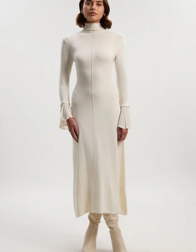 Petite Wool And Alpaca Blend Knit Pleated Silk Woven Cuffs Midi Dress